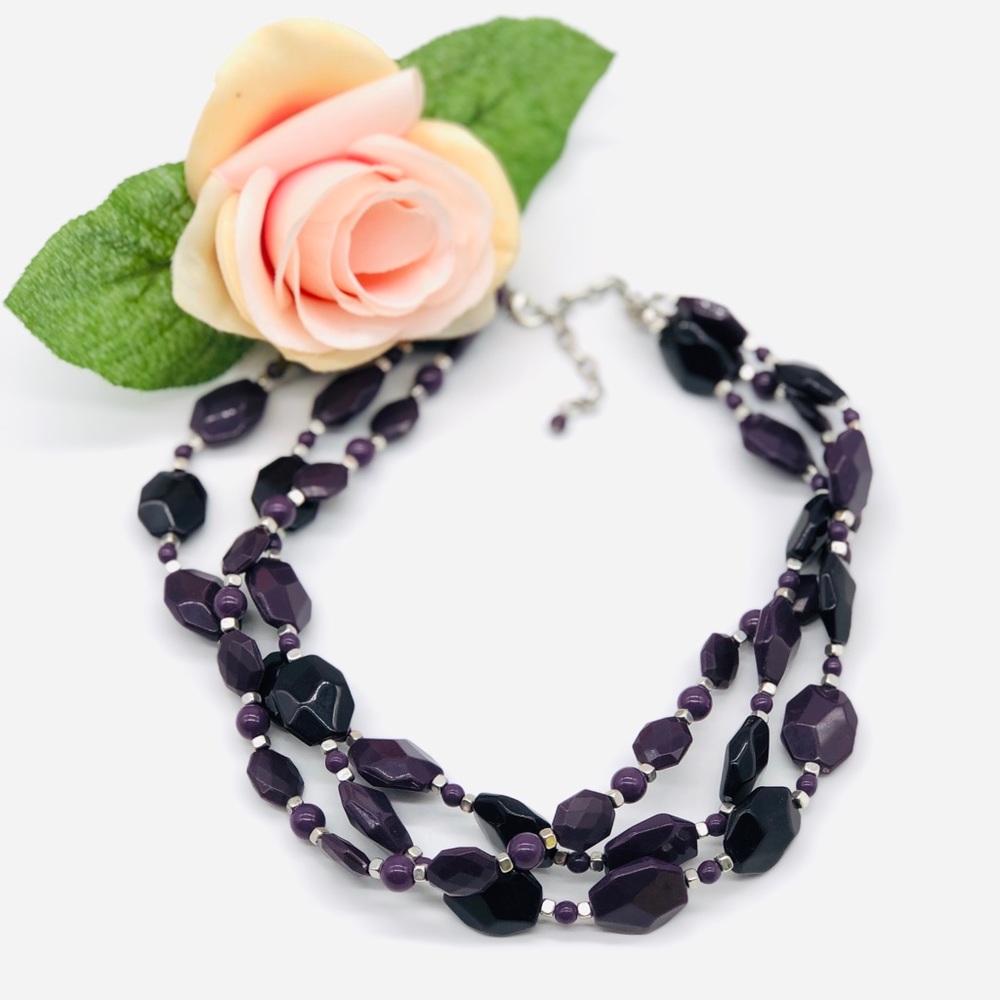 Triple Stranded Purple Beaded Sleek Necklace - Picture 1 of 8